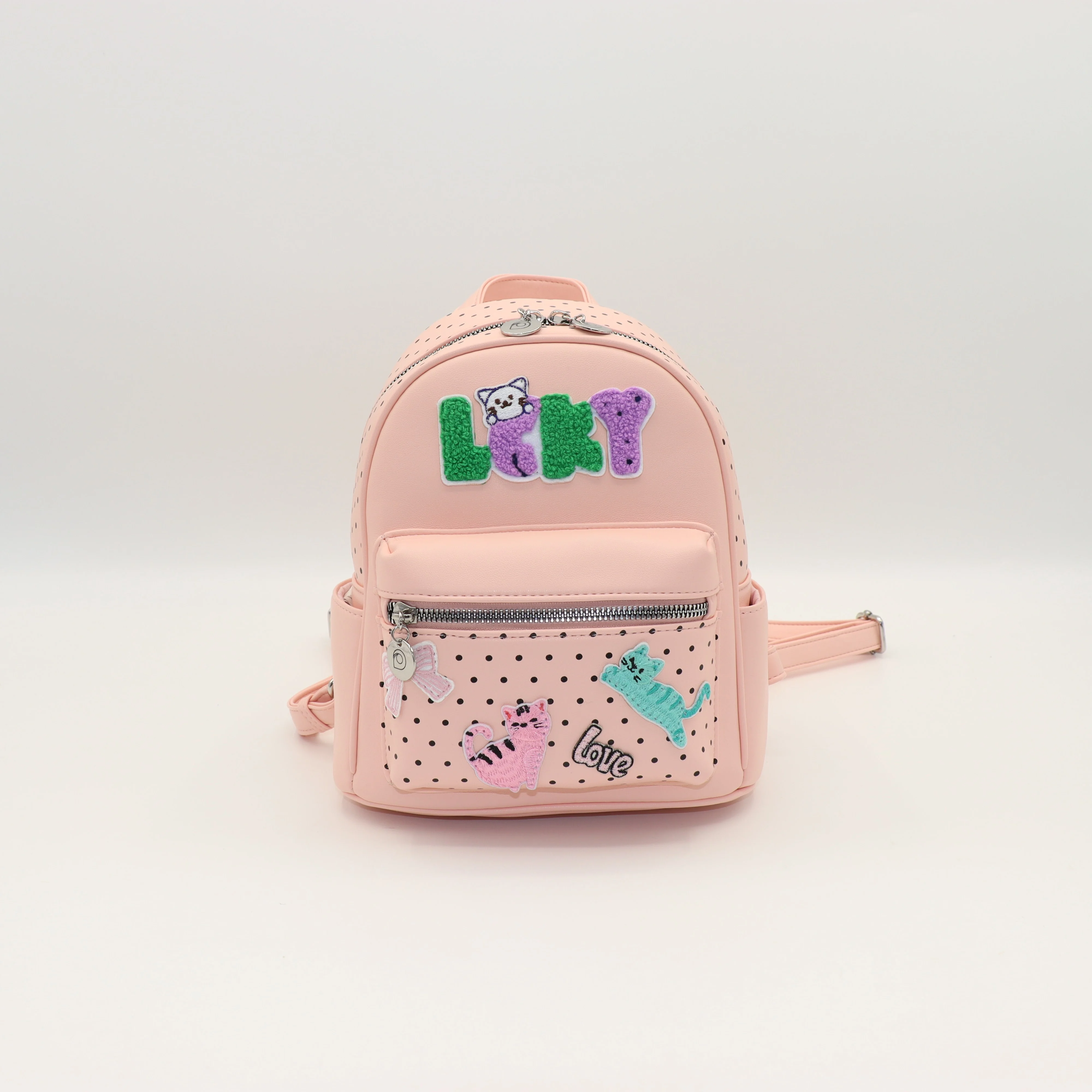 Sac à dos enfant rose à pois avec chat porte-bonheur